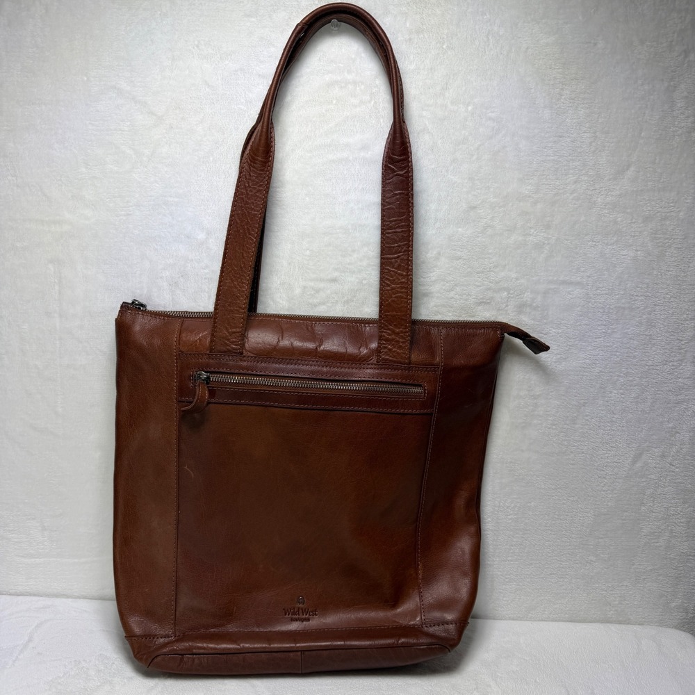 Wild West Los Angeles Brown Leather Tote Bag Plaid Lining Zippered Shoulder Bag